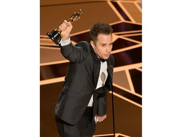 Actor Sam Rockwell accepts Best Suppoorting Actor for 'Three Billboards Outside Ebbing, Missouri' onstage at the 90th Annual Academy Awards at the Dolby Theatre at Hollywood & Highland Center on March 4, 2018 in Hollywood, California.