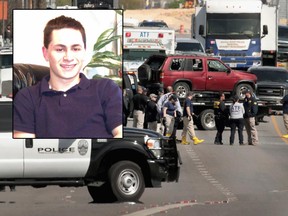 The vehicle that the Austin package bomber, Mark Anthony Conditt, was driving when he blew himself up is towed from the crime scene along Interstate 35 in suburban Austin on March 21, 2018 in Round Rock, Texas alongside a Facebook photo.