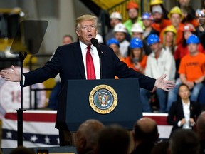 U.S. President Donald Trump speaks to a crowd gathered at the Local 18 Richfield Facility of the Operating Engineers Apprentice and Training on March 29, 2018 in Richfield, Ohio.