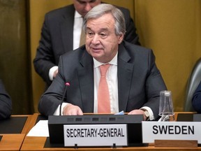 United Nations (UN) Secretary General Antonio Guterres addresses the Conference on Disarmament on February 26, 2018 at the UN building in Geneva.