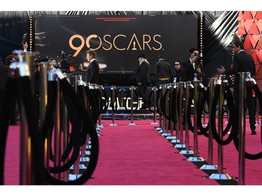 TV crews rehearse and get ready on the red carpet a few hours before the "Oscars", the 90th Annual Academy Awards on March 4, 2018, in Hollywood, California.