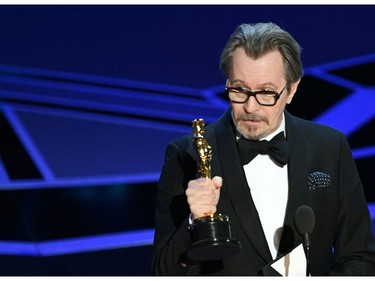 British actor Gary Oldman delivers a speech after he won the Oscar for Best Actor in "Darkest Hour" during the 90th Annual Academy Awards show on March 4, 2018 in Hollywood, California.