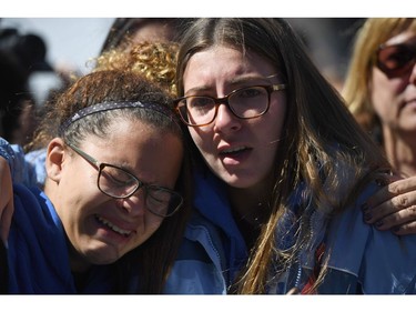 Students react during the March for Our Lives Rally in Washington, DC on March 24, 2018.  Galvanized by a massacre at a Florida high school, hundreds of thousands of Americans are expected to take to the streets in cities across the United States on Saturday in the biggest protest for gun control in a generation.