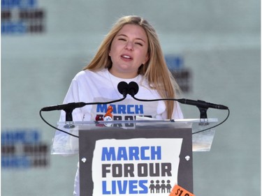 Marjory Stoneman Douglas High School student Jaclyn Corin speaks during the March for Our Lives Rally in Washington, DC on March 24, 2018.  Galvanized by a massacre at a Florida high school, hundreds of thousands of Americans are expected to take to the streets in cities across the United States on Saturday in the biggest protest for gun control in a generation.