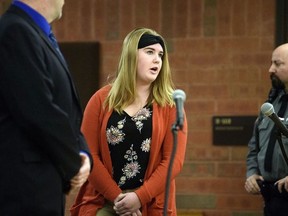 Brianna Brochu, accused of contaminating her black roommate's belongings at the University of Hartford, addresses the court during a hearing, Tuesday, Nov. 21, 2017, in Hartford.