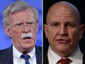 Former UN ambassador John Bolton (L) will be replacing H.R. McMaster as U.S. national security adviser on April 9,2018. (MIKE THEILER/ERIC BARADAT/AFP/Getty Images)