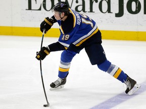 St. Louis Blues' Jay Bouwmeester shoots during a game against the San Jose Sharks on Feb. 20, 2018