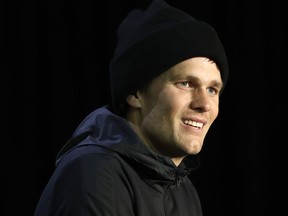 Tom Brady during media availability at Super Bowl LII in Minnesota on Feb. 4, 2018