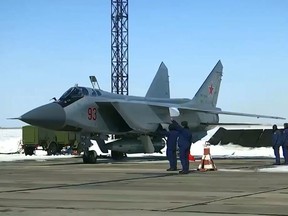 In this screenshot, the Russian Defence Ministry shows off new Kinzhal (Dagger) missile launched from a MiG-31 fighter jet.