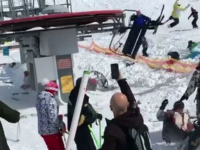 In this screenshot, riders fly through the air after a ski lift malfunctioned at Gudauri Ski Resort in Georgia.