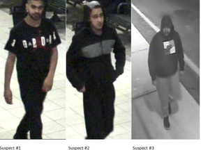 Peel Regional Police are looking for three men in connection with the alleged beating of an autistic man at Square One bus terminal on Tuesday night. (HO)