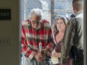 Daniel Panico, 73, and Mona Kirk, 51, appear in Joshua Tree Court, Friday March 2, 2018 in Joshua Tree, Calif. Two Southern California parents were arrested for suspicion of child cruelty after deputies found their three children living in a squalid desert shack without running water, bathrooms or electricity, sheriff's officials said Friday.