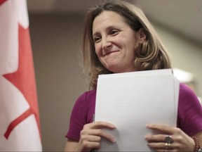 Chrystia Freeland, Minister of Foreign Affairs smiles after addressing the media during a news conference in Toronto on Thursday, March 8, 2018.