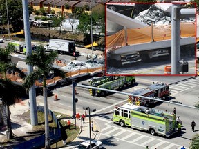 Emergency personnel responds to a collapsed pedestrian bridge connecting Florida International University on Thursday, March 15, 2018 in the Miami area.  (Roberto Koltun/The Miami Herald via AP/Joe Raedle/Getty Images)