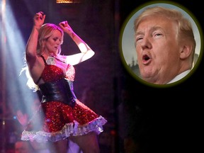 Stormy Daniels, who claims she had an unprotected sexual encounter with Donald Trump (inset), performs at the Solid Gold Fort Lauderdale strip club on March 9, 2018 in Pompano Beach, Fla. (Joe Raedle/Getty Images/NICHOLAS KAMM/AFP/Getty Images)