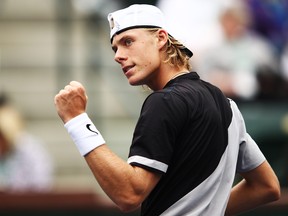 Denis Shapovalov of Canada celebrates a point during his match against Pablo Cuevas of Uruguay during the BNP Paribas Open at the Indian Wells Tennis Garden on March 10, 2018 in Indian Wells, California.  (Adam Pretty/Getty Images)