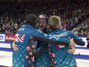 Team North America celebrates at the World Financial Group Continental Cup Curling in Las Vegas last year.