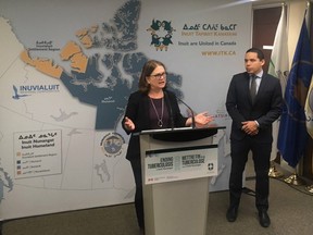 Indigenous Services Minister Jane Philpott and Inuit Tapiriit Kanatami President Natan Obed announce a plan to eliminate tuberculosis among Inuit on Mar. 23, 2018 in Ottawa.