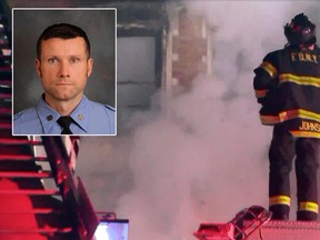 FDNY Firefighter Michael R. Davidson of Engine Company 69 alongside a photo provided by WPIX-11 showing New York Firefighters at the scene of a raging fire at an unoccupied residential building being used as a film set in the Harlem section of New York on Thursday, March 22, 2018.