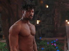 This image released by Disney shows Michael B. Jordan in a scene from Marvel Studios' "Black Panther." (Marvel Studios-Disney via AP) ORG XMIT: NYET135