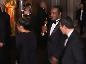 This Sunday, March 4, 2018, still image from AP video appears to show the man who authorities say stole Frances McDormand's best actress Oscar walking out of the official Academy Awards after-party in Los Angeles.
