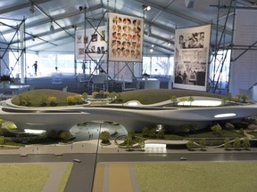 An architectural model of the Lucas Museum of Narrative Art iconic building designed by Ma Yansong of MAD Architects is displayed in Los Angeles Wednesday, March 14, 2018. The institution, scheduled to open in 2021, is envisioned as not just a repository for "Star Wars" memorabilia but a wide-ranging museum representing all forms of visual storytelling from paintings and drawings to comic strips and digital and traditional films.