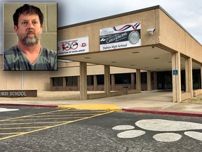 Teacher Jesse Randal Davidson (inset) has been accused of firing off a gun at Dalton High School in Dalton, Whitfield County, Ga. (Dalton, Ga., Police Department via Chattanooga Times Free Press via AP/AP Photo/Jeff Martin)