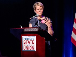 Cynthia Nixon speaks onstage during The People's State Of The Union at Town Hall on January 29, 2018 in New York City. (Photo by Roy Rochlin/Getty Images)