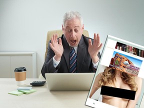 In this stock photo, a man in a suit reacts in shock while looking at a computer screen in an office next to an email reportedly sent by the Utah State Bar.
