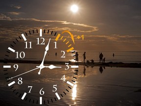 This stock photo shows a clock face moving forward in front of a beach backdrop.