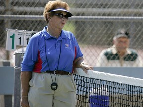 In this 2008 file photo tennis referee Lois Goodman is shown while officiating a CIF tennis tournament, in California. (David Crane /Los Angeles Daily News via AP, File)