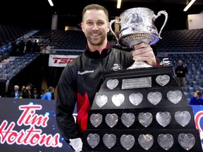 Team Canada skip Brad Guhue, captures his second straight Brier with a 6-4 win over Alberta's Brendan Bottcher in Regina, March 11, 2018. (Michael Burns photo)