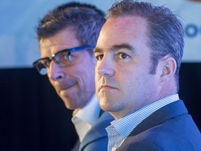 Montreal Canadiens general manager Marc Bergevin, left, with Geoff Molson in 2016. Jack Todd questions the odd timing of the owner's hurried endorsement of his embattled GM.