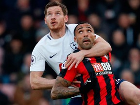 Bournemouth's English striker Callum Wilson vies with Tottenham Hotspur's Belgian defender Jan Vertonghen during English Premier League football action at the Vitality Stadium in Bournemouth, southern England on March 11, 2018