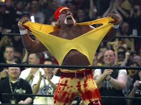 In this April 3, 2005, file photo, Hulk Hogan fires up the crowd between matches during WrestleMania 21 in Los Angeles. (AP Photo/Chris Carlson, File)