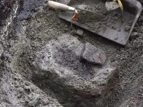 Dozens of ancient footprints, one of which is shown at the dig site on a British Columbia island, have been confirmed as the earliest known of their kind in North America. Researchers at the University of Victoria's Hakai Institute say they've found a total of 29 fossilized footprints, buried deep below a beach on Calvert Island off the province's central coast. THE CANADIAN PRESS/HO-University of Victoria