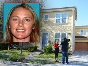 In this March 25, 2015 file photo a news crew reports in front of the home of Denise Huskins (inset) who was abducted in Vallejo, Calif. (Chris Riley/Vallejo Times-Herald via AP, file/Vallejo Police Department via AP)