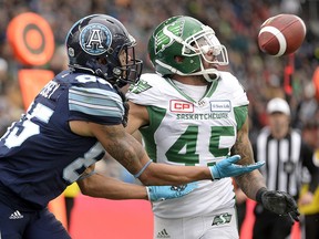 Toronto Argonauts wide receiver DeVier Posey (85) catches a touchdown pass in front of Saskatchewan Roughriders defensive back Kacy Rodgers II (45) during the Eastern Final Sunday, November 19, 2017 in Toronto. (THE CANADIAN PRESS/Nathan Denette)