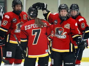 Calgary Inferno players celebrate a goal against the Boston Blades in CWHL action on Oct. 24, 2015