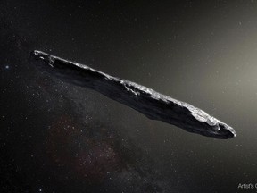 This artist's rendering shows the first interstellar asteroid: 'Oumuamua. This unique object was discovered on Oct. 19, 2017 by the Pan-STARRS 1 telescope in Hawaii. (M. Kornmesser/European Southern Observatory via AP)