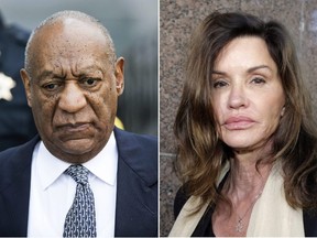 This combination of file photos shows Bill Cosby leaving Montgomery County Courthouse after a hearing in his sexual assault case in Norristown, Pa., on Aug. 22, 2017, left, and Janice Dickinson leaving Los Angeles Superior Court on March 29, 2016.