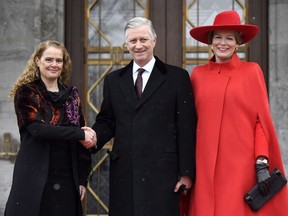 Governor General Julie Payette shakes hands with King Philippe and Queen Mathilde of Belgium during a state visit, at Rideau Hall in Ottawa on Monday, March 12, 2018.