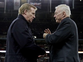 In this Nov. 9, 2014, file photo, NFL Commissioner Roger Goodell, left, and Dallas Cowboys owner Jerry Jones talk at Wembley Stadium in London. (AP Photo/Matt Dunham, File)