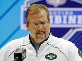 In this Feb. 28, 2018, file photo, New York Jets general manager Mike Maccagnan speaks during a press conference at the NFL football scouting combine in Indianapolis. (AP Photo/Darron Cummings, File)