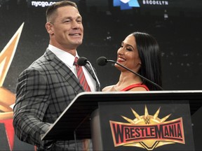 John Cena and Nikki Bella attend a press conference for WrestleMania 35 in New York City on March 16, 2018.