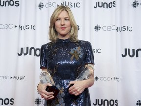 Diana Krall celebrates her Junos for Vocal Jazz Album of the Year and Producer of the Year at the Juno Gala Dinner and Awards show in Vancouver, Saturday, March 24, 2018.
