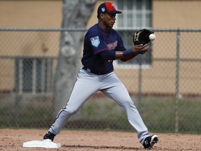 Twins shortstop Jorge Polanco practices a drill during spring training on Feb. 21, 2018, in Fort Myers, Fla.