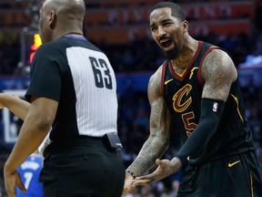 Cleveland Cavaliers guard J.R. Smith complains about a call to an official during an NBA game on Feb. 13, 2018