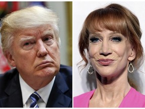 In this combination photo, U.S. President Donald Trump appears in the White House in Washington on March 13, 2017, left, and comedian Kathy Griffin appears at the Clive Davis and The Recording Academy Pre-Grammy Gala in Beverly Hills, Calif. on Feb. 11, 2017.