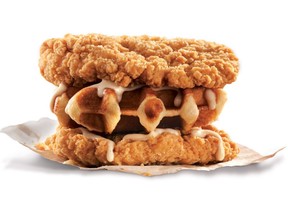 KFC's new Waffle Double Down is made from two all-chicken fillets sandwiched around a Belgian waffle and drizzled in a Canadian maple aioli sauce.